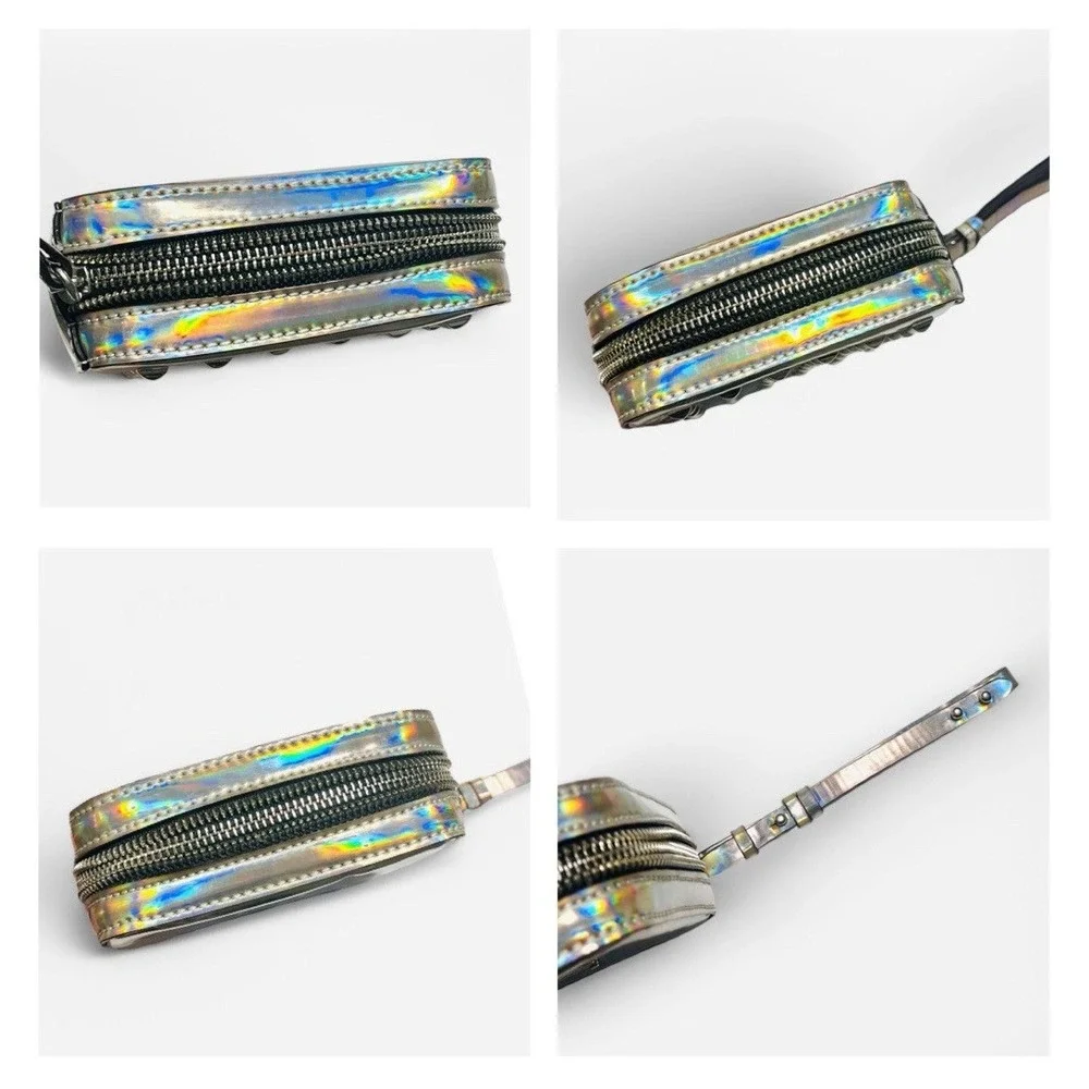 Rebecca Minkoff Iridescent Metallic Foil Square Wristlet Bag Clutch Silver Studs